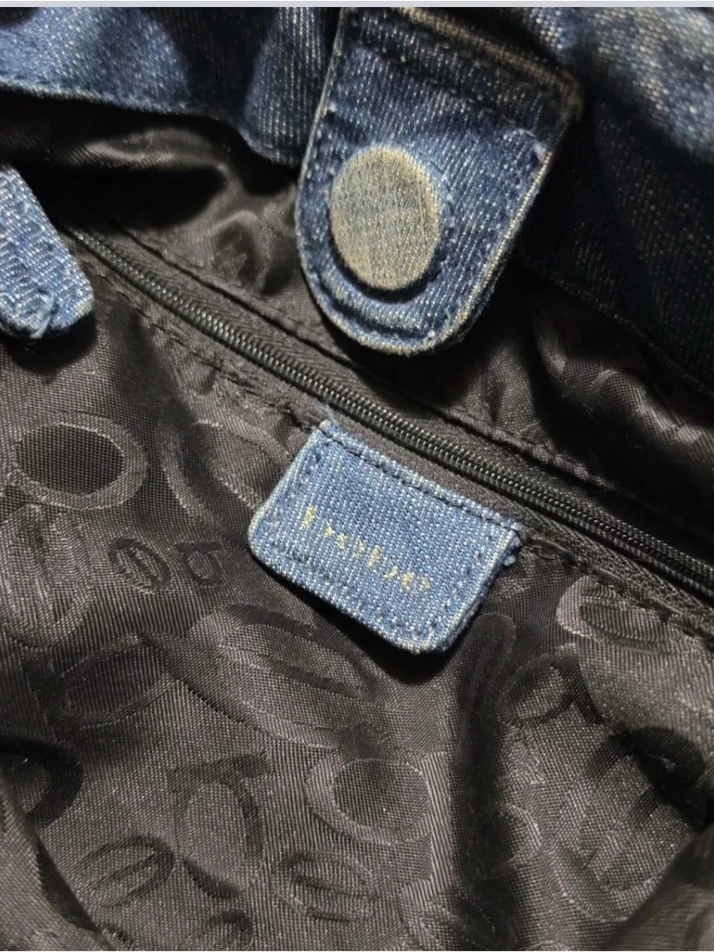 bebe Denim Ruffle Satchel - Blue with Gold Accents